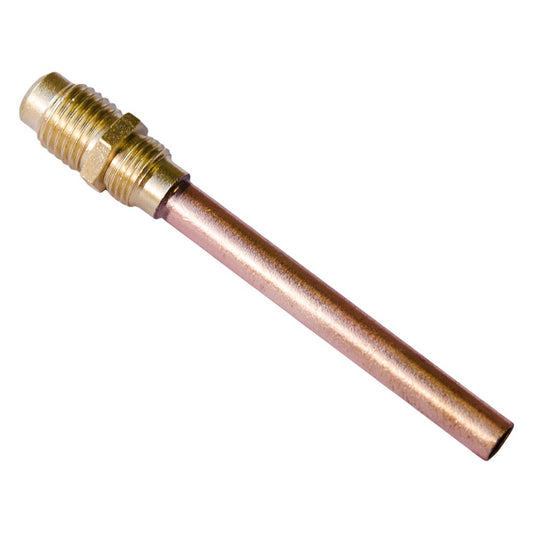 TP-3604 - 1/4″ M. Flare Access Fitting With 1/4″ Copper Tube Extension, Brass Wrench Cap and Valve Core, 1/8″ MPT Below Hex