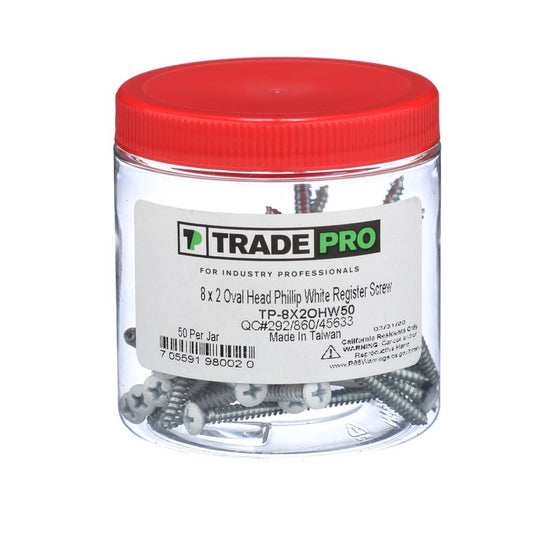 TP-8X2OHW50 - #8 x 2" Oval Head White Register Screw (50 Per Jar)