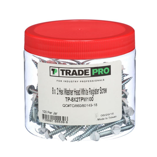 TP-8X2TPW100 - #8 X 2" Hex Washer Head White Register Screw (100 Per Jar)