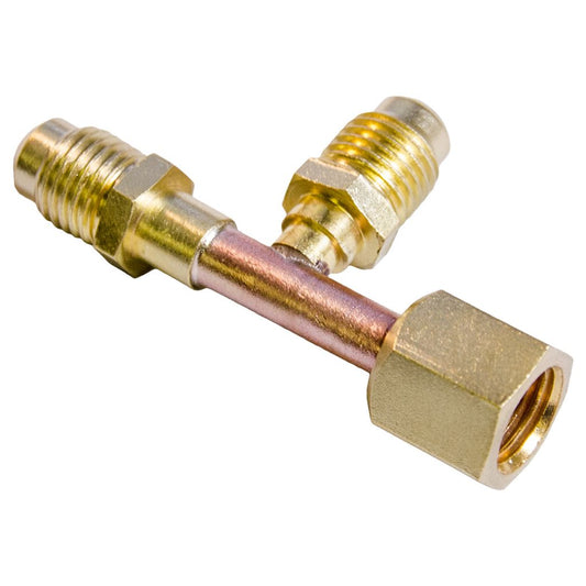 TP-9601 - 1/4” M. Flare X 1/4” Flare Nut With Depressor Tip X 1/4” M. Flare On The Branch With One Valve Core, Tee Connection