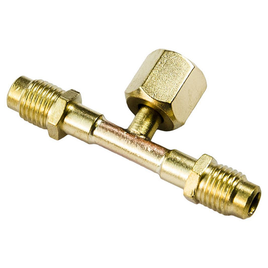 TP-9602 - 1/4” M. Flare With Valve Core X 1/4” M. Flare X 1/4” F. Flare Nut With Depressor Tip On The Branch, Tee Connection