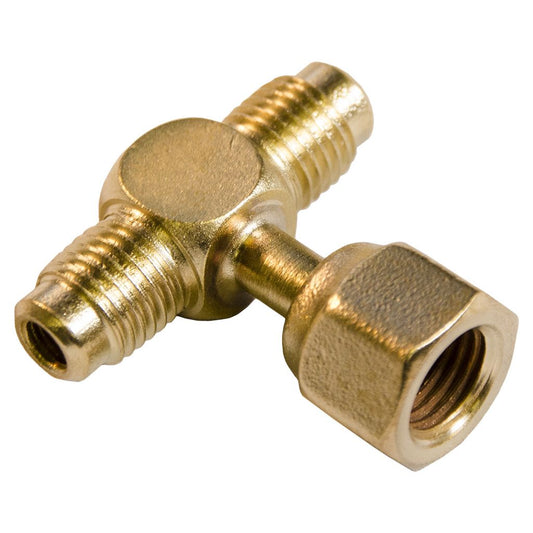 TP-9603 - All Brass 1/4” F. Flare Nut With Valve Core X 1/4” F. Flare Nut With Depressor Tip On The Branch, Tee Connection