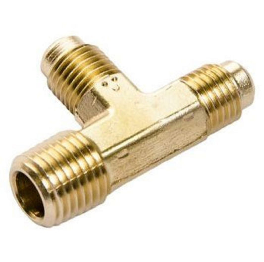 TP-9614 - Forged Brass Access Tee, 1/4” MPT X 1/4” Male Flare X 1/4” Male Flare On Branch, One Cap and Valve Core