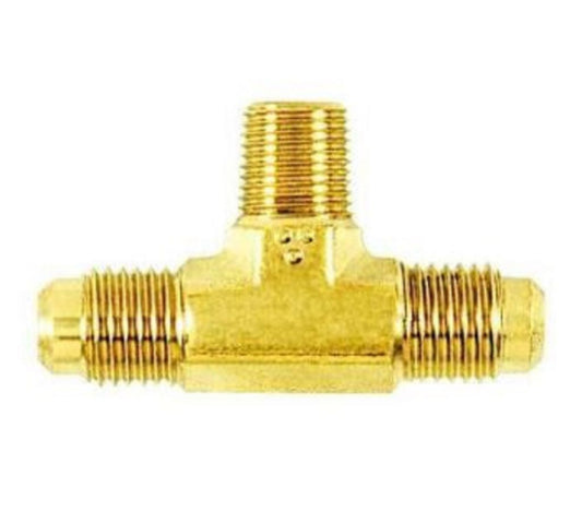 TP-9620 - Forged Brass Access Tee, 1/4” Male Flare X 1/4” Male Flare X 1/8” MPT On Branch, One Cap and Valve Core