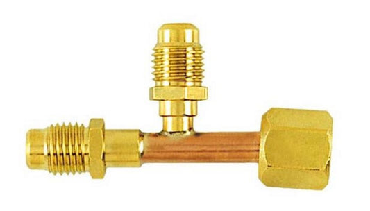 TP-9621 - 1/4” M. Flare X 1/4” Flare Nut W/O Depressor Tip X 1/4” M. Flare on The Branch With One Valve Core, Tee Connection