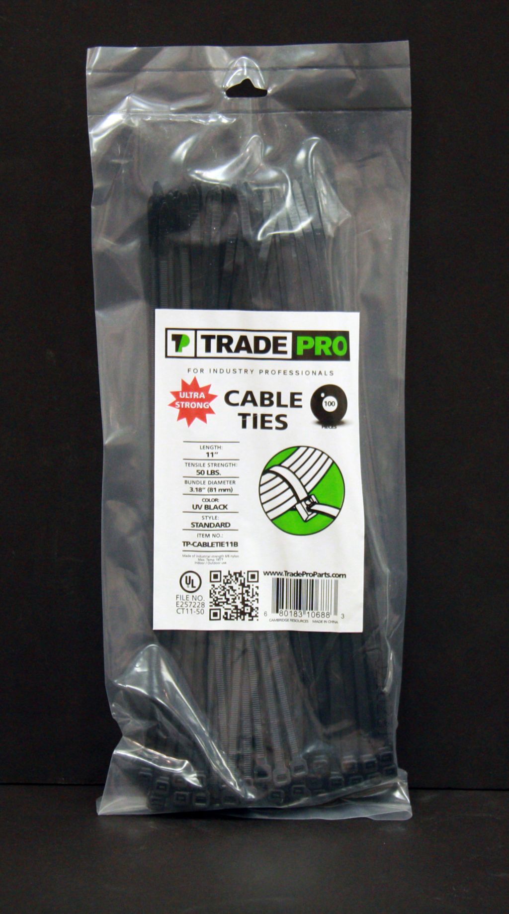 TP-CABLETIE14B - Cable Ties, 14" In Length, 50 Lb Tensile Strength. UV Black - 100/PK