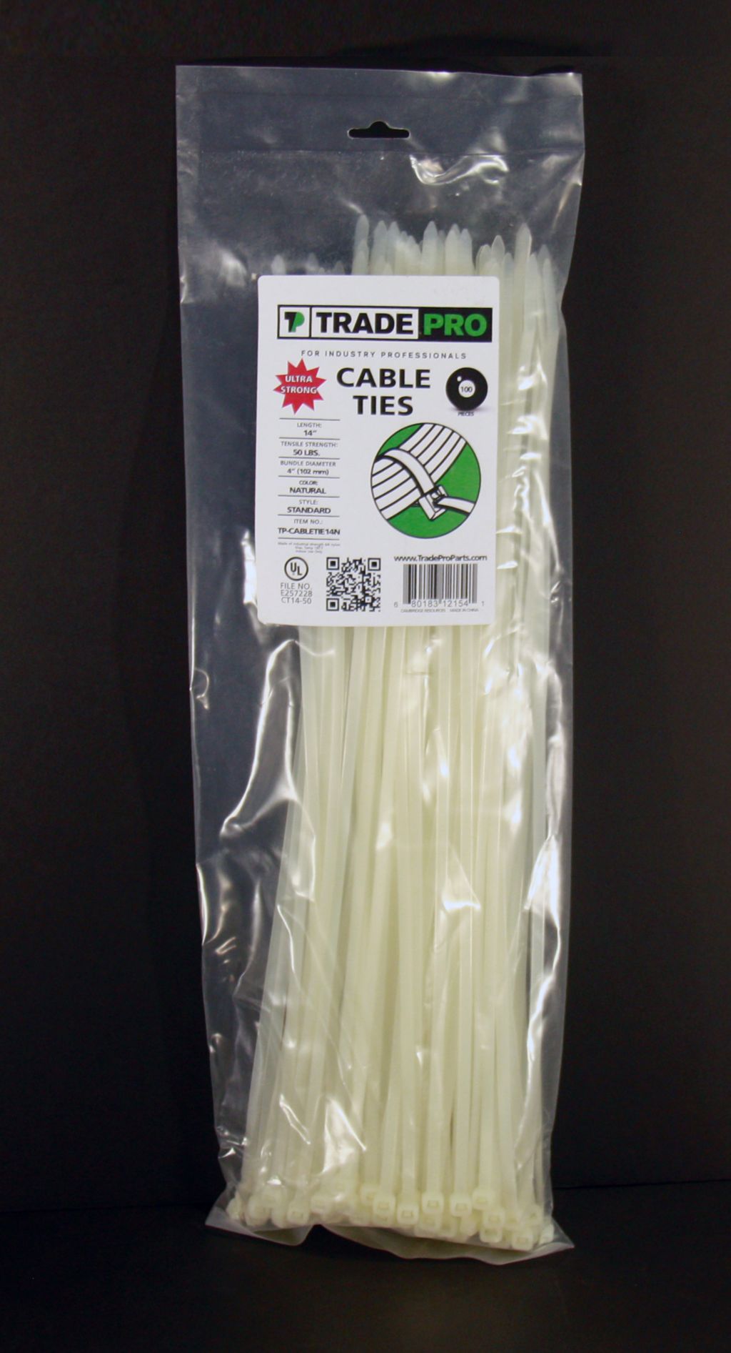 TP-CABLETIE14N - Cable Ties, 14" In Length, 50 Lb Tensile Strength. UV Natural - 100/PK