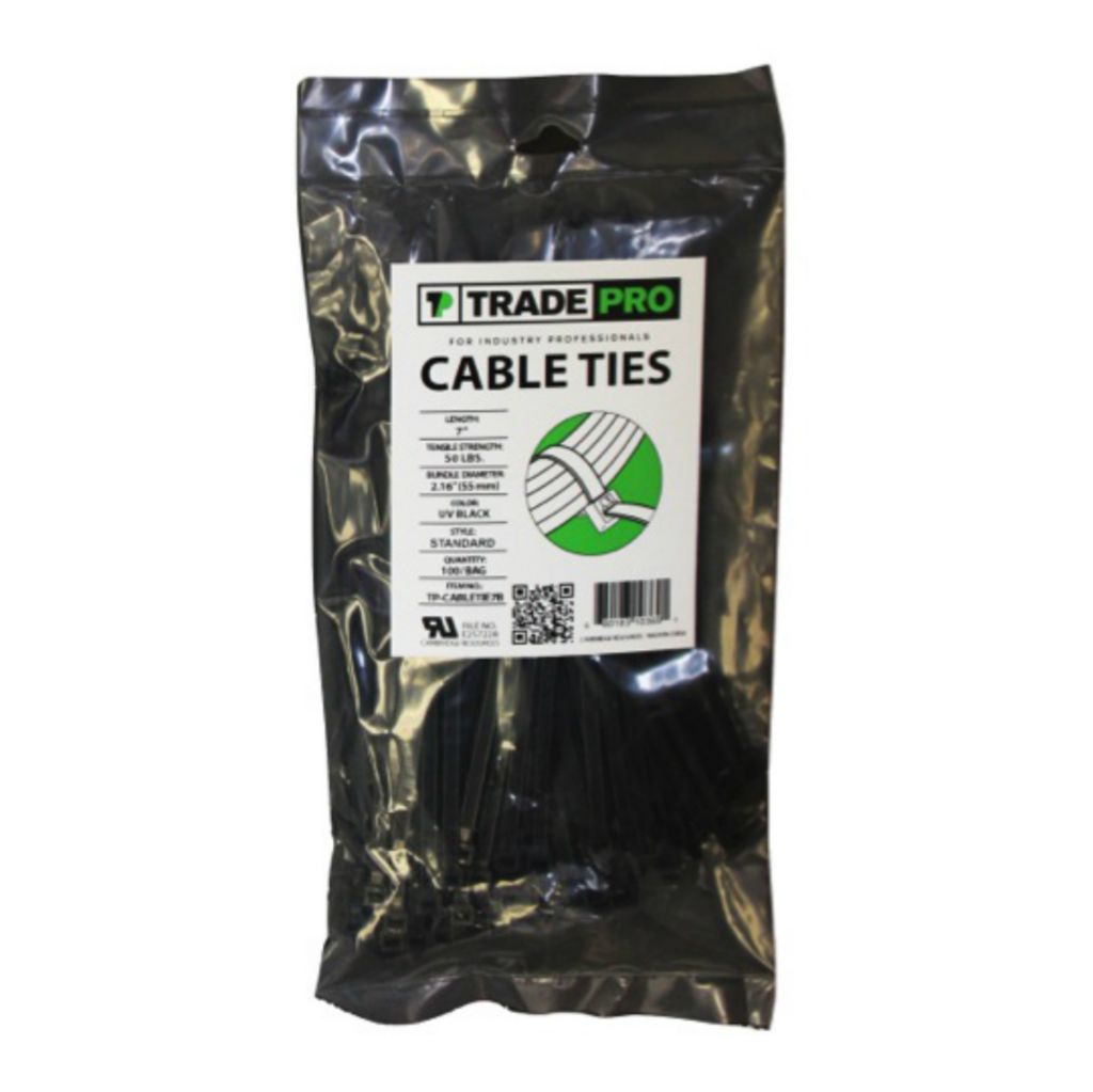 TP-CABLETIE7B - Cable Ties, 7" In Length, 50 Lb Tensile Strength. UV Black - 100/PK