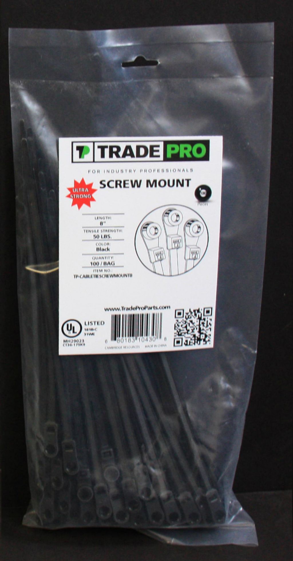 TP-CABLETIESCREWMOUNTB - Cable Ties, 8" In Length, 50 Lb Tensile Strength. Black Screw Mount - 100/PK