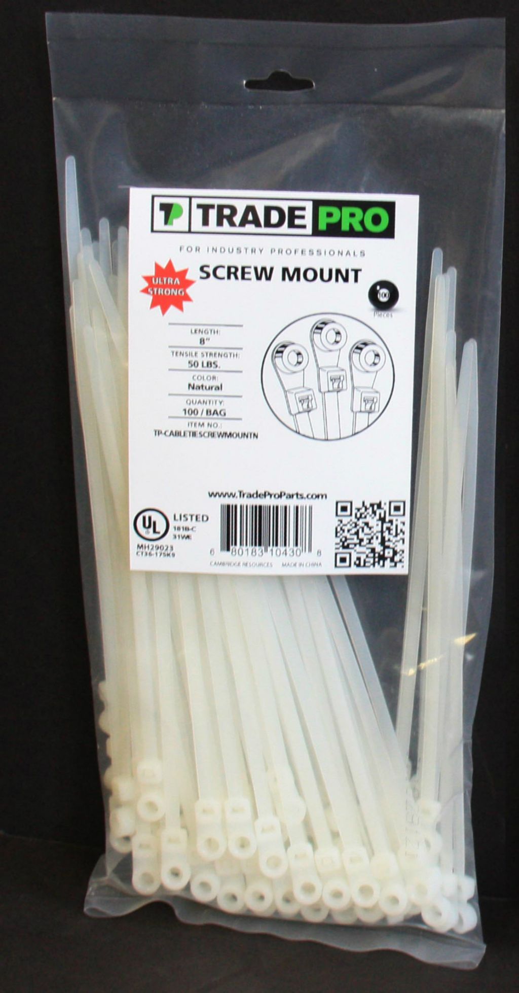 TP-CABLETIESCREWMOUNTN - Cable Ties, 8" In Length, 50 Lb Tensile Strength. Natural Screw Mount - 100/PK