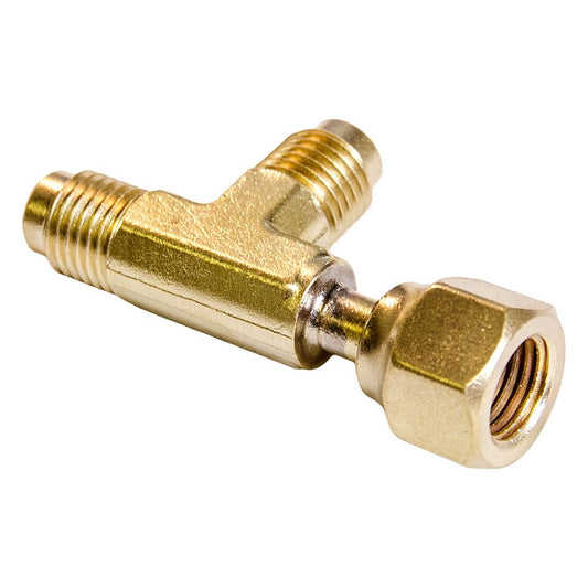 TP-9611- 1/4″ F. Flare With Depressor Tip x 1/4″ M Flare Access X 1/4″ M Flare Access On Branch, One Valve Core, Forged Brass