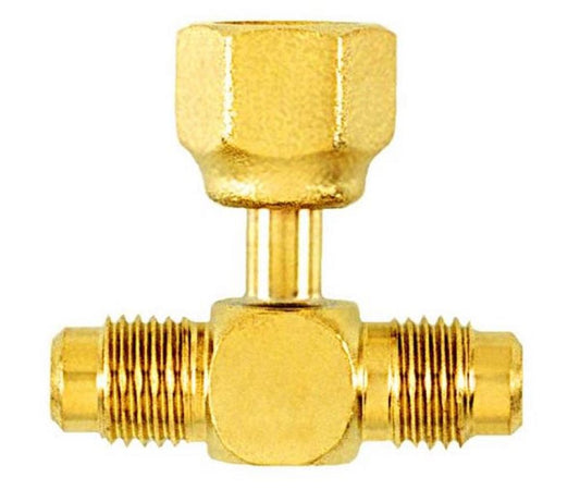 TP-9627 - All Brass 1/4” Female Flare Nut With Valve Core X 1/4” Female Flare Nut, Without Depressor Tip, Tee Connection